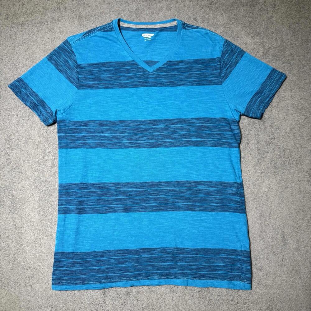 Old Navy V-Neck T- shirt Size Mens M‎ Short Sleeve Blue Teal Striped Casual